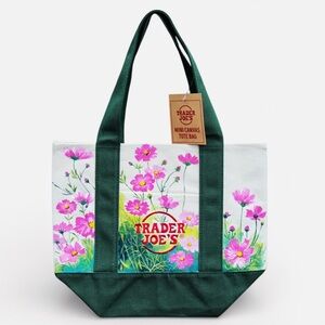 Hand-Painted Trader Joe’s Mini Canvas Tote Pink Floral Green Handle